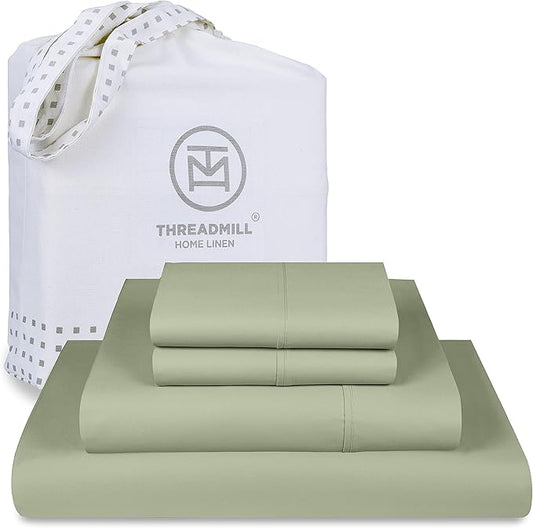 Threadmill Luxury 800 Thread Count Full Size 100% Cotton Sheets - Sage Green Sateen Weave Bed-Sheets, Better Than Egyptian Cotton, 4 Pc Solid Bed Set, Fits 16" Deep Pocket