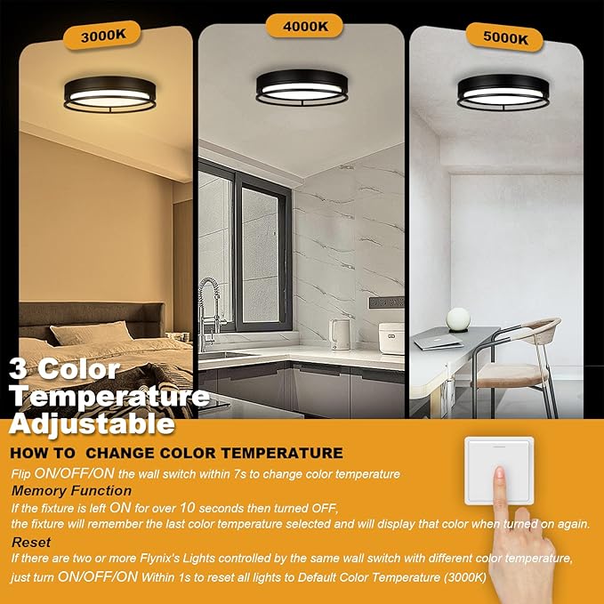 12.5 Inch LED Flush Mount Ceiling Light Fixture, 26W, Super Bright 1700 Lumens, 3 Color 3000K/4000K/5000K, Dimmable Ceiling Lamp for Bedroom Hallway Bathroom Kitchen Laundry (Black)