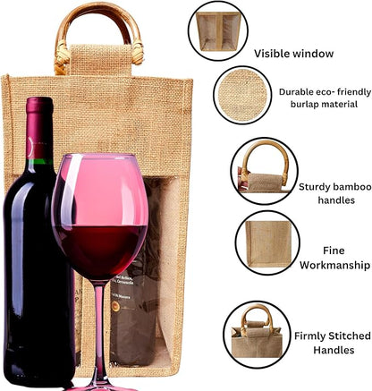 Bulap Wine Gift Bags with Window - 2 Pcs Natural Jute Wine bottle Carrier Bags for Birthday, Wedding, Anniversary, Party, Festival, Christmas Gift (2x Bags for 2-Bottles)