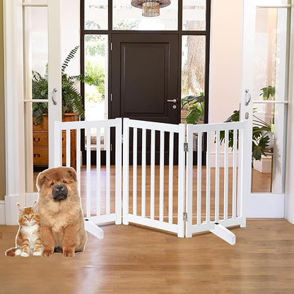 LZRS Solid Hardwood Freestanding Pet Gate,Wooden Dog Gates for Doorways,Nature Wood Dog Gates for The House,Dog Gate for Stairs,Freestanding Indoor Gate Safety Fence,White,30" Height-3 Panels