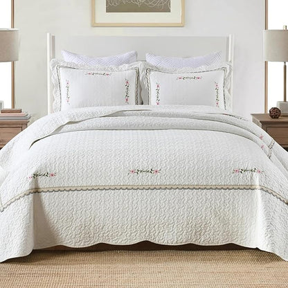 MarCielo 3-Piece 100% Cotton Oversized Bedspread Lightweight Quilt Coverlet Embroidery Farmhouse Bedding Set (Sakura White, Oversized Queen (100"x106"))