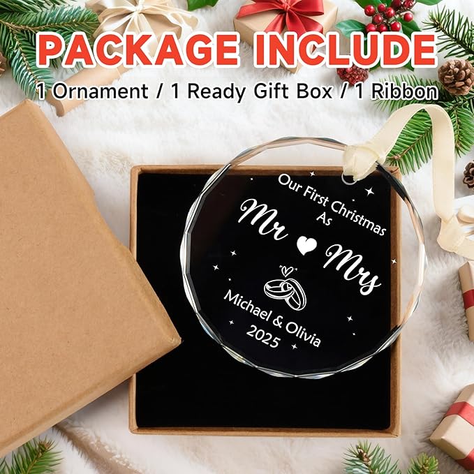 Our First Christmas As Mr & Mrs Ornament 2025, Personalized Christmas Ornaments Custom Name and Date, Customized Wedding Gifts for Couples, Bridal Shower Gifts - 1st Married Christmas Glass Ornament