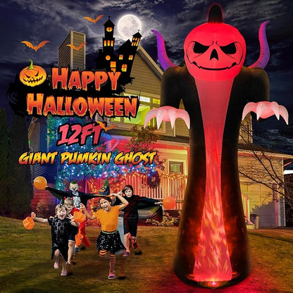 12FT Halloween Inflatables Decoration Outdoor Giant Pumpkin Reaper Ghost with 3-Colored Rotation Flame LEDs Spooky Halloween Blow Up Yard Decorations Outdoor Holiday Party Yard Lawn Decor