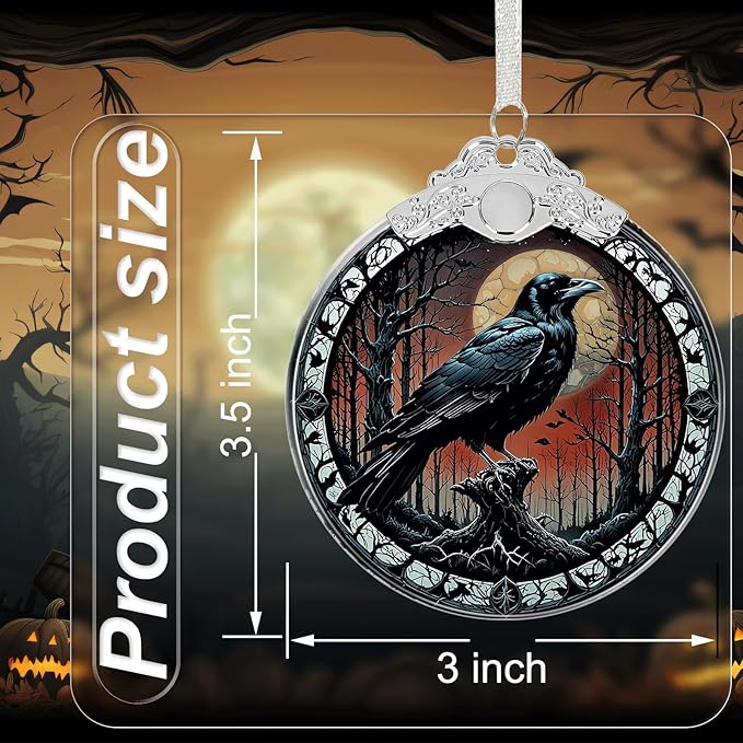 Crow Under Moonlight Halloween Christmas Tree Stained Glass Ornament - Hanging Ornaments for Christmas Tree Decorations - Holiday Keepsake Present Exchange Idea