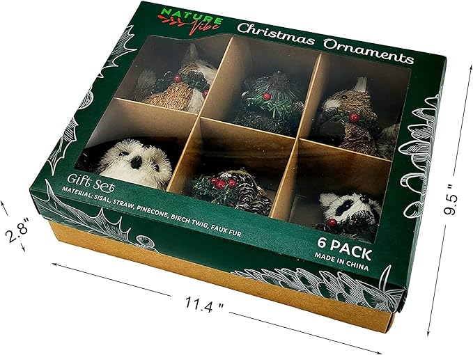naturevibe Sisal Woodland Animals Christmas Tree Ornaments,Set of 6 Natural Forest Friends with Gift Boxes for Presents,Ornaments Animals as Rustic Home Decorations