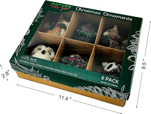 naturevibe Sisal Woodland Animals Christmas Tree Ornaments,Set of 6 Natural Forest Friends with Gift Boxes for Presents,Ornaments Animals as Rustic Home Decorations