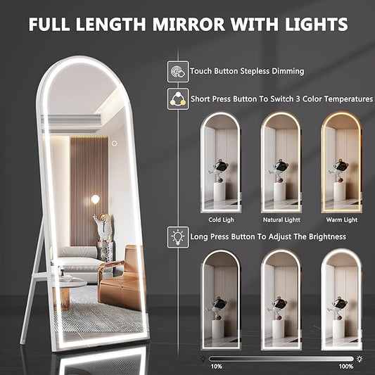 Hasipu 95" X 40" Full Length Mirror with Lights, White Frame Arch Led Mirror Full Length and 3 Colors Temperatures & Brightness Adjustable,Light Up Mirror Full Body for Bedroom Cloakroom Living Room