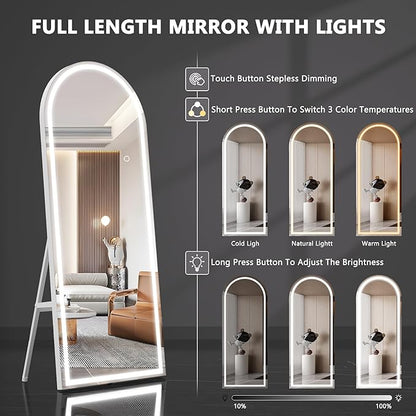 Hasipu 71" X 32" Full Length Mirror with Lights, White Frame Arch Led Mirror Full Length and 3 Colors Temperatures & Brightness Adjustable,Light Up Mirror Full Body for Bedroom Cloakroom Living Room
