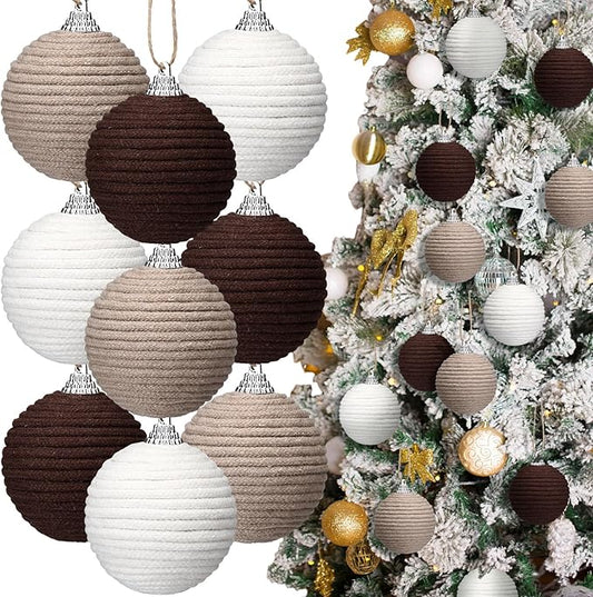 Syhood 9Pcs 9 Pcs 2.36 Inch Christmas Ball Ornaments Boho Farmhouse Jute Rope Hanging Balls Burlap Neutral Rustic Ornaments for Xmas Tree Holiday Wreath Garland Wedding Home(White,Beige,Dark Brown)