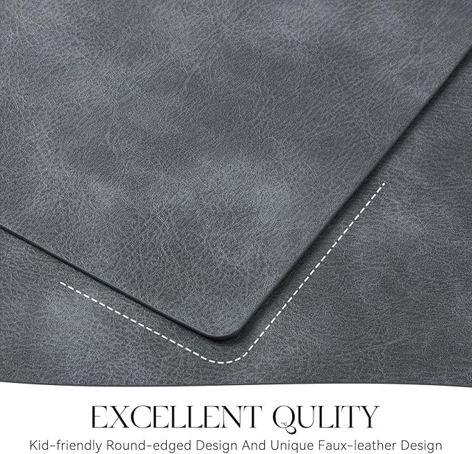 MOSAYT Vinyl Placemats Set of 4-12 X 17 Inch - Faux Leather 100% Waterproof Oil-Proof Wipeable PU Place Mats, Heat Resistant Reversible Table Mats for Kitchen, Dining, Outdoor (Grey)