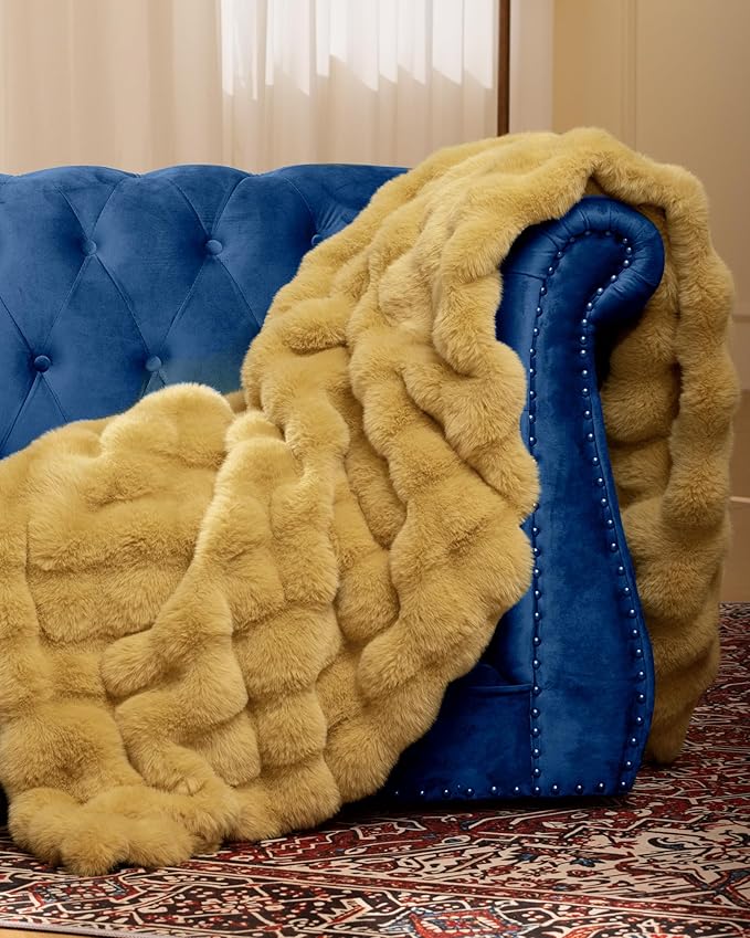 Ultra Soft Cozy Faux Fur Throw Blanket, Fuzzy Plush Thick Bubble Blanket, Oversize Luxury Fluffy Blanket for Couch, Sofa, Bedroom, and Living Room,50x60 Inches, Dark Yellow