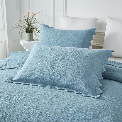 Brandream Queen Size Quilt Set Cotton Bedspread Matelasse Coverlet Set Lightweight Quilt Set Scalloped Edge 3-Piece