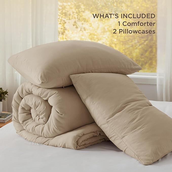 Bedsure Queen Size Comforter Set, Khaki Soft Prewashed Bedding for All Seasons, 3 Pieces GentleSoft™ Warm Down Alternative Bed Set, 1 Lightweight Comforter (90"x90") and 2 Pillowcases (20"x26")