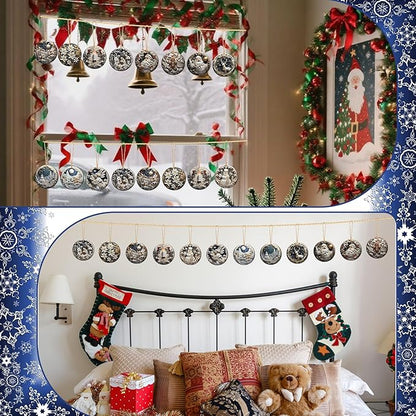 Suzile 36 Pcs Christmas Wooden Ornaments Vintage Christmas Decoration White Sculpture Hanging Decor Retro Round Santa Claus Snowman Tree Decoration for Farmhouse Xmas Home Wreaths Winter Party