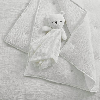 Levtex Baby - Cloud Muslin Crib Bed Set - Baby Nursery Set - White Stars - Textured Muslin - 5 Piece Set Includes Quilt, Fitted Sheet, Two Swaddles & Bear Lovey