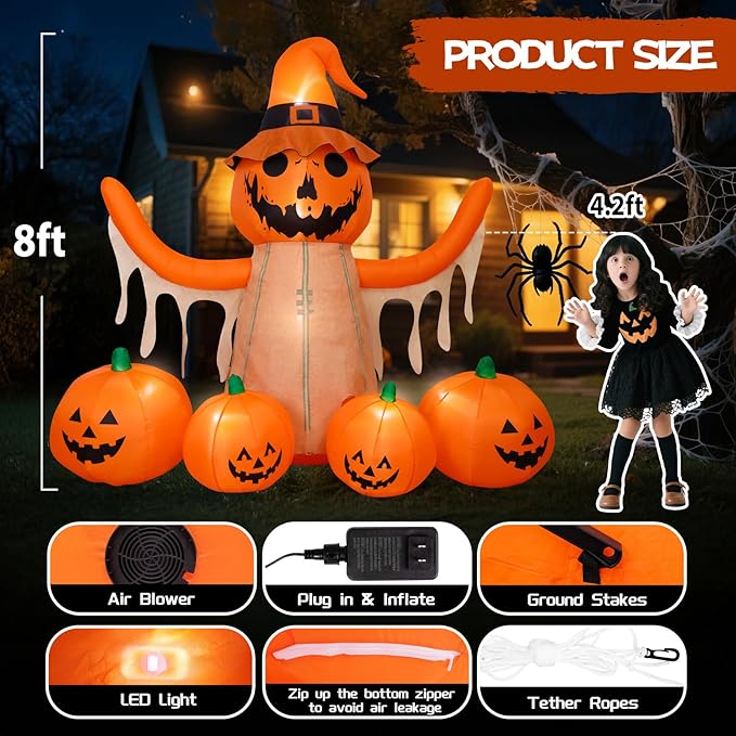 MGparty 8FT Halloween Inflatables Pumpkin Decorations with LED Built-in Pumpkin Scarecrow Halloween Yard Decoration Blow Up Inflatable for Outdoor Indoor Garden Lawn Holiday Party