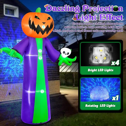 B&D 8FT Halloween Inflatables Outdoor Decorations, Inflatable Pumpkin Reaper Halloween Decorations Holds Skull Blow Up Yard Decoration Built-in Blue LED Disco Light for Holiday Party Garden Lawn Decor