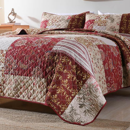 mixinni 100% Cotton Quilt Set King Size, Reversible Patchwork Lightweight Quilted Bedspread Coverlet Set Boho Burgundy Floral Bedding Comforter Set with 2 Pillow Shams for All Season (106"x98")