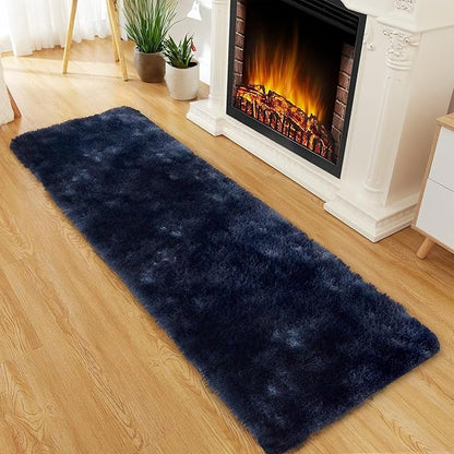 Bedroom Rug 2x6 Runner Rugs Fluffy Shaggy Bedside Hallway Entryway Rugs Soft Plush Floor Carpet for Nursery Kids Room Non Slip Fuzzy Rug Shag Faux Fur Rug for Living Room, Tie Dye Navy