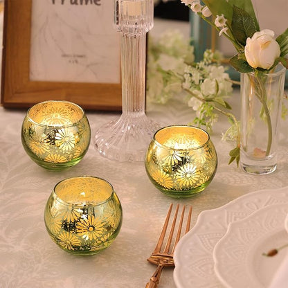 Green Mercury Glass Votive Candle Holders Set of 12, Round Tealight Candle Holders Bulk for Table Centerpieces, Weddings, Shower Gifts, Party Decorations