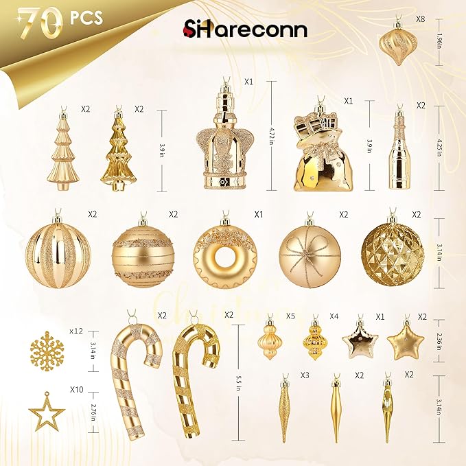 SHareconn 70pcs 2025 Classic Christmas Balls Ornaments Set, Shatterproof Plastic Baubles, Ribbon and Tree Topper for Xmas Tree Holiday Wedding Party Decorations with Hanging Strings, Champagne Gold