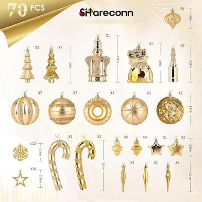 SHareconn 70pcs 2025 Classic Christmas Balls Ornaments Set, Shatterproof Plastic Baubles, Ribbon and Tree Topper for Xmas Tree Holiday Wedding Party Decorations with Hanging Strings, Champagne Gold