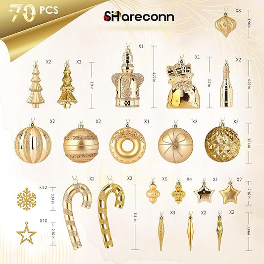 SHareconn 70pcs 2025 Classic Christmas Balls Ornaments Set, Shatterproof Plastic Baubles, Ribbon and Tree Topper for Xmas Tree Holiday Wedding Party Decorations with Hanging Strings, Champagne Gold