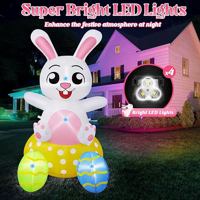 B&D 4FT Easter Inflatables Outdoor Decorations, Blow Up Inflatable Bunny Sits on Colorful Eggs Built-in LED Lights Happy Easter Yard Decorations for Holiday Party Indoor Outdoor Garden Lawn Decor