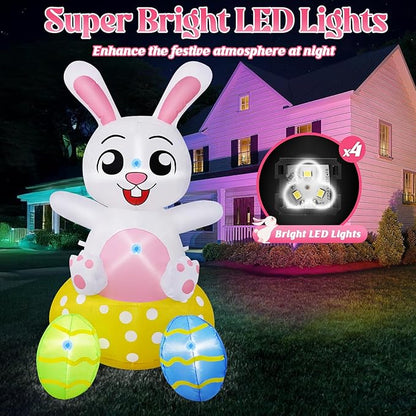 B&D 4FT Easter Inflatables Outdoor Decorations, Blow Up Inflatable Bunny Sits on Colorful Eggs Built-in LED Lights Happy Easter Yard Decorations for Holiday Party Indoor Outdoor Garden Lawn Decor