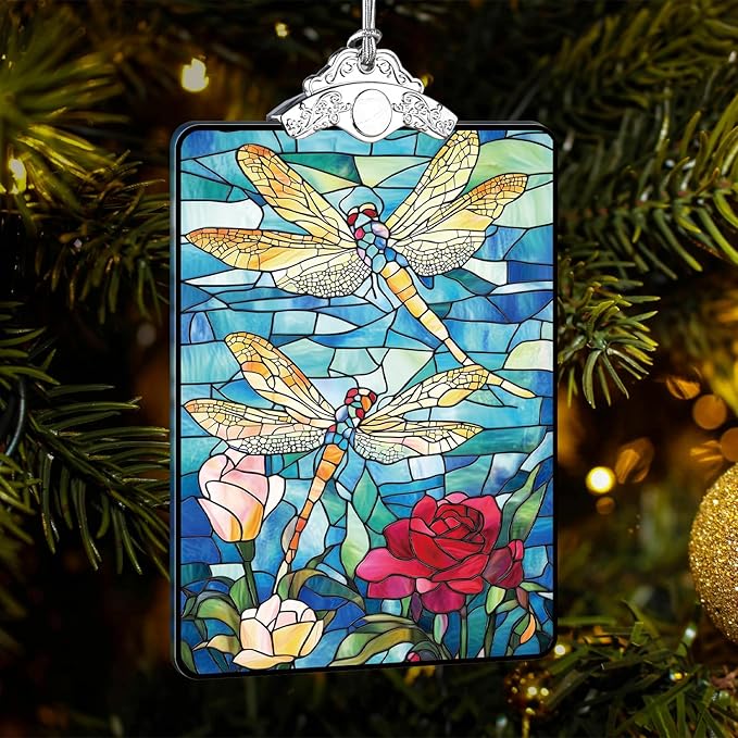 Dragonfly Stained Glass Ornament, 2025 Christmas Tree Hanging Decoration Exchange or Nature-Inspired Decor, 3.8 x 2.4 Inch