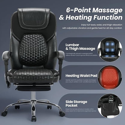 Massage Executive Office Chair 2-Pack with Heat and Footrest, Ergonomic Reclining Leather Desk Chair with Wheels, High-Back Big and Tall Computer Chair for Home Office, Study, Gaming, Black, 300 lbs