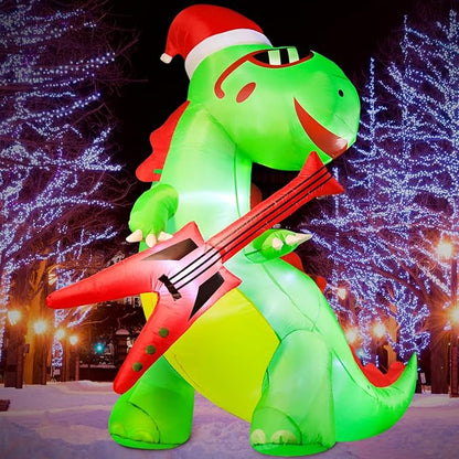 DomKom 8FT Christmas Inflatable Decorations Dinosaur with Guitar, Giant Outdoor LED Lights Holiday Blow up Rex Yard Decoration for Holiday Party Outdoor Garden Yard Lawn Winter Décor
