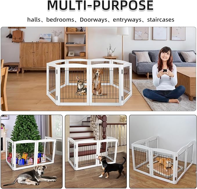 ZJSF Freestanding Foldable Dog Gate - Extra Wide White Puppy Gate for Stairs & Doorways - Tall 4 Panels Wooden Pet Fence