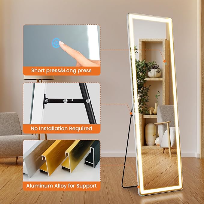 Sweetcrispy Full Length Mirror with LED Lights, 60"x16" Lighted Floor Mirror with Dimming & 3 Color Lighting, Stand for Bedroom, Dressing Room, Rectangle