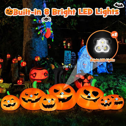 B&D 8FT Long Halloween Inflatables Pumpkin Outdoor Decorations, 7 Inflatable Pumpkins and Black Cat Combo Halloween Blow Up Decorations Built-in LEDs for Holiday Party Yard Garden Lawn Patio Décor