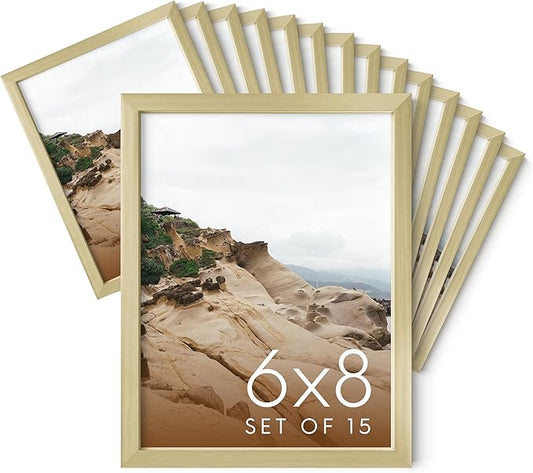HAUS AND HUES 6x8 Gold Metal Picture Frames - 6x8 Frames Bulk - Features Premium Aluminum, Vertical Hanging, Easel Back for Tabletop, Home, Office (6x8 in, Gold, Set of 15)