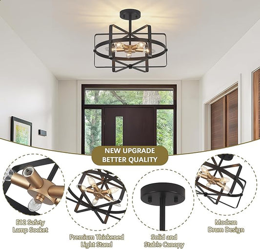 5-Light Farmhouse Semi Flush Mount Ceiling Light, 12.6'' Modern Black and Gold Ceiling Light Fixture Industrial Lighting Fixture for Entryway Hallway Foyer Dining Room Kitchen Bedroom