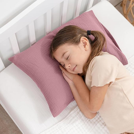 Comfy Cubs Toddler Pillow with Soft Muslin Pillowcase, 13"x18", Mauve (2 Pack) - Kids Pillow for Sleeping & Travel - Comfortable Small Pillow - Kids Travel Pillow with Breathable Microfiber Fill