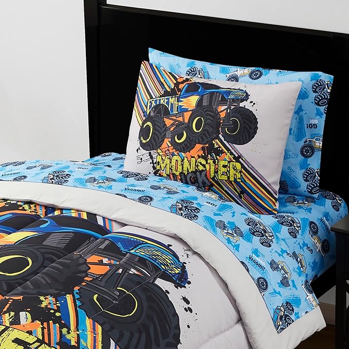 Kids Bedding Set Bed in a Bag for Boys and Girls Toddlers Printed Sheet Set and Comforter, Twin, Monster Truck