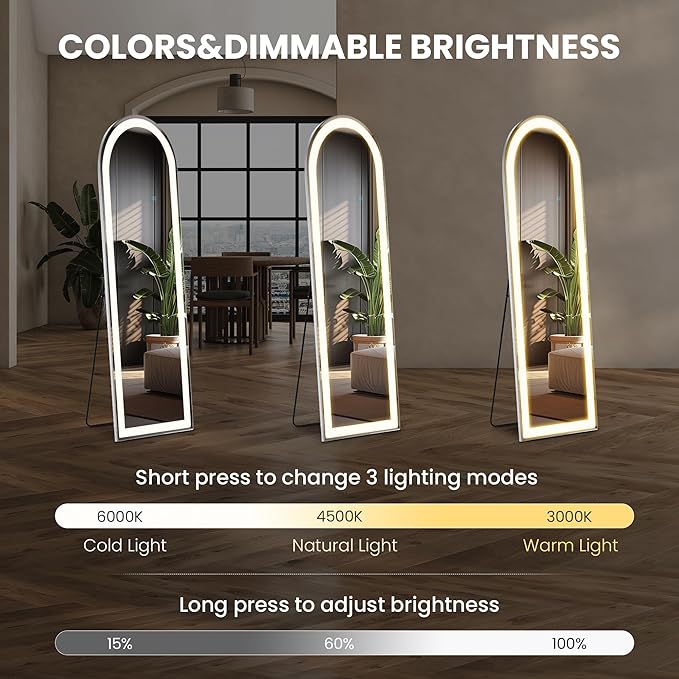 Sweetcrispy Full Length Mirror with LED Lights, 60"x16" Lighted Floor Mirror with Dimming & 3 Color Lighting, Stand for Bedroom, Dressing Room, Arched
