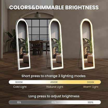 Sweetcrispy Full Length Mirror with LED Lights, 60"x16" Lighted Floor Mirror with Dimming & 3 Color Lighting, Stand for Bedroom, Dressing Room, Arched