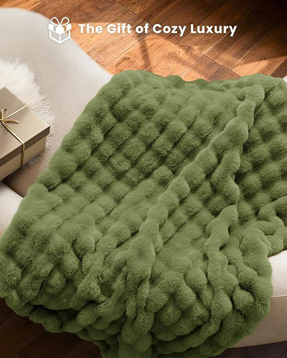Ultra Soft Cozy Faux Fur Throw Blanket, Fuzzy Plush Thick Bubble Blanket, Oversize Luxury Fluffy Blanket for Couch, Bed, and Living Room, 60x80 Inches, Sage