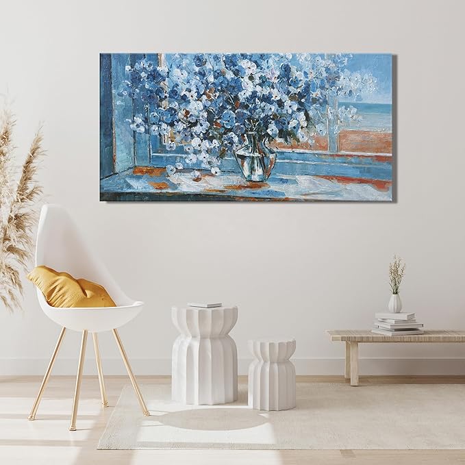 Wall Art Canvas Artwork Blue Flowers Pictures Wall Decor Canvas Prints Suitable For Living Room, Office, Bedroom, Kitchen, Can Be Hung Directly 20x40 Inch