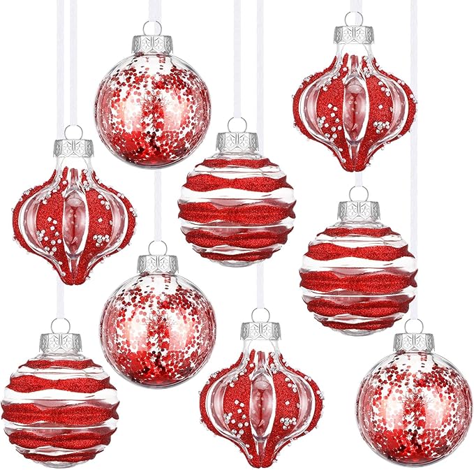9 Pcs 3.15" Clear Christmas Ball Ornaments Xmas Ball Decorations Set Shatterproof Decorative Hanging Ornaments for Christmas Tree Home Wedding Party Office Decor(Red)