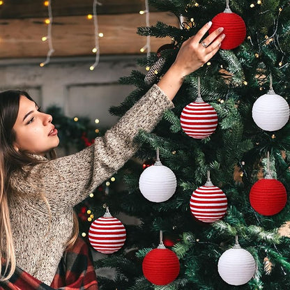 Syhood 9 Pcs 2.36 Inch Christmas Ball Ornaments Boho Farmhouse Jute Rope Hanging Balls Burlap Neutral Rustic Ornaments for Xmas Tree Holiday Wreath Garland Wedding Home(Red, White, Red and White)