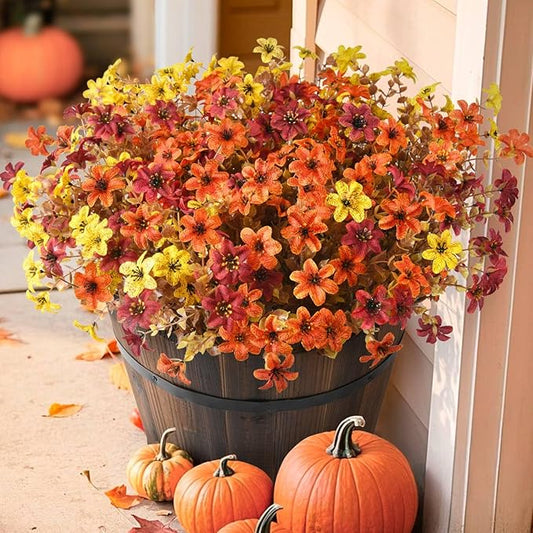 Artificial Mums Fake Fall Flowers for Outdoors Decoration, 12 Bundles Realistic Autumn Silk Daisy Faux Plants UV Resistant Decor for Home Garden Porch Patio Yard Balcony Window (Yellow Brown Orange)