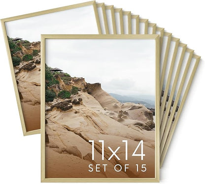 HAUS AND HUES 11x14 Gold Metal Picture Frames - Features Premium Aluminum, Vertical & Horizontal Hang, Shatterproof Plexiglass - Perfect for Home, Room, Office (11x14 in, Gold, Set of 15)
