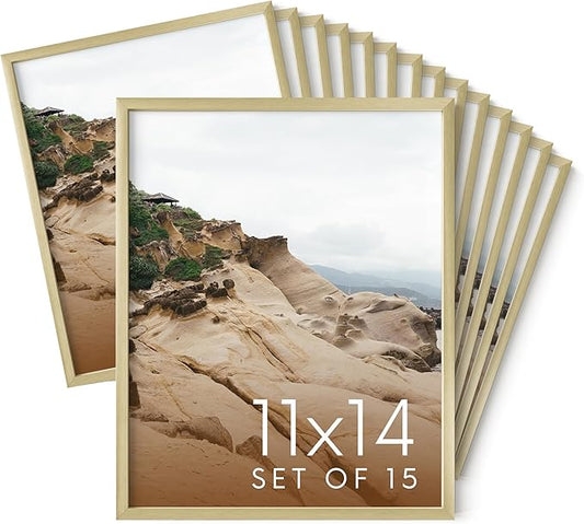 HAUS AND HUES 11x14 Gold Metal Picture Frames - Features Premium Aluminum, Vertical & Horizontal Hang, Shatterproof Plexiglass - Perfect for Home, Room, Office (11x14 in, Gold, Set of 15)