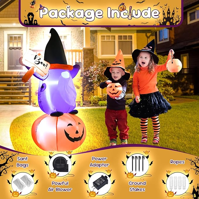 4FT Inflatable Halloween Decoration Blow up Gnome Pumpkin Holding a Sign with The Word Boo in Hand Decor with LED Lights Indoor Outdoor Yard Holiday Graden Party Decor