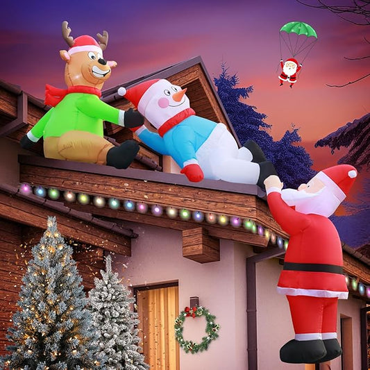 DomKom 8FT Christmas Inflatables Roof Outdoor Decorations, Climbing Santas with Reindeer and Snowman, LED Lights Holiday Blow Up Decoration for Outside Home Windows Eaves